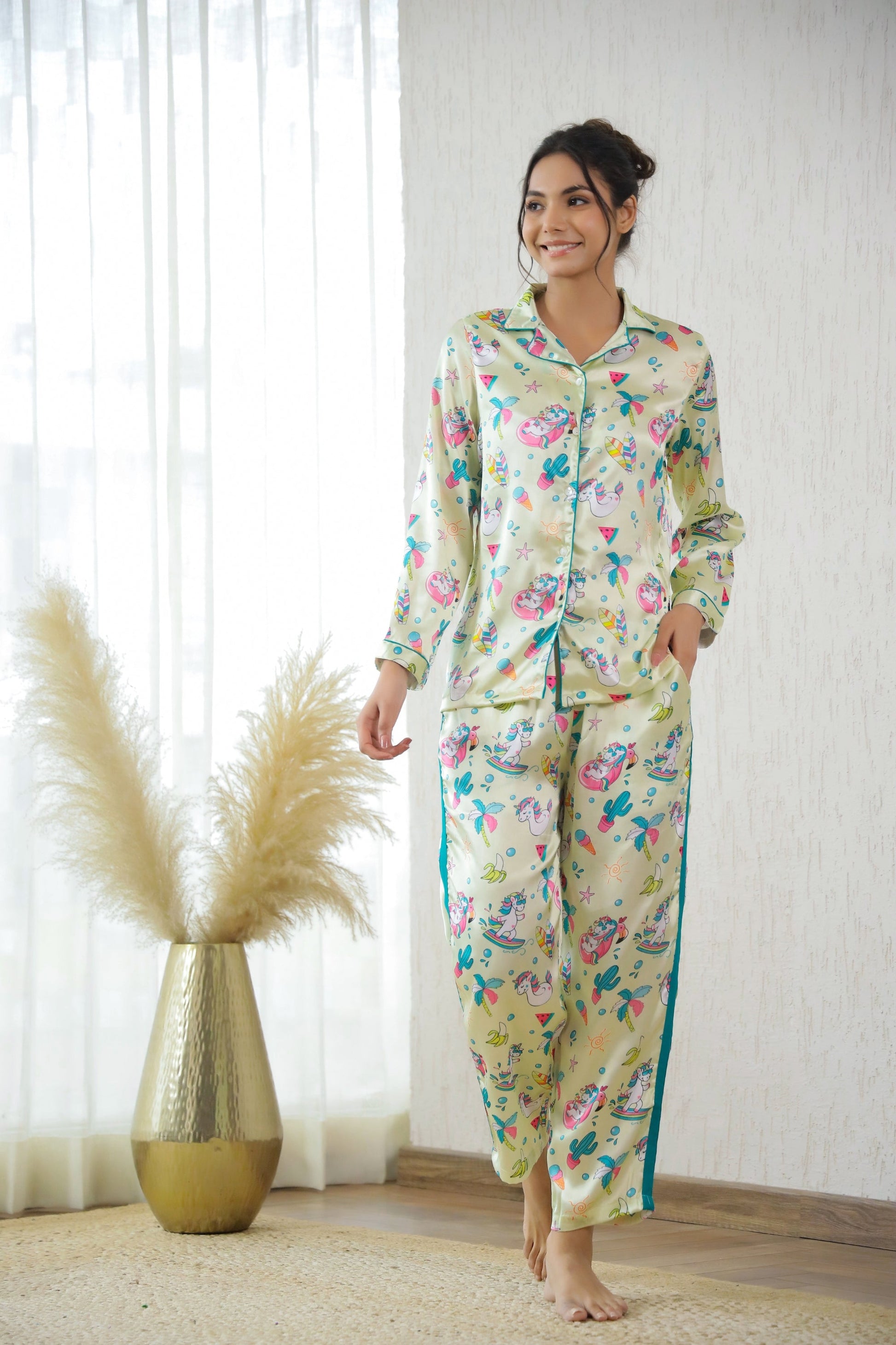 Playful Cartoon Print Satin Pajama Set for Women - Fun & Cozy Sleepwear | Co-Ord Set | Shop stylish women's clothing online at Label Flavia |
