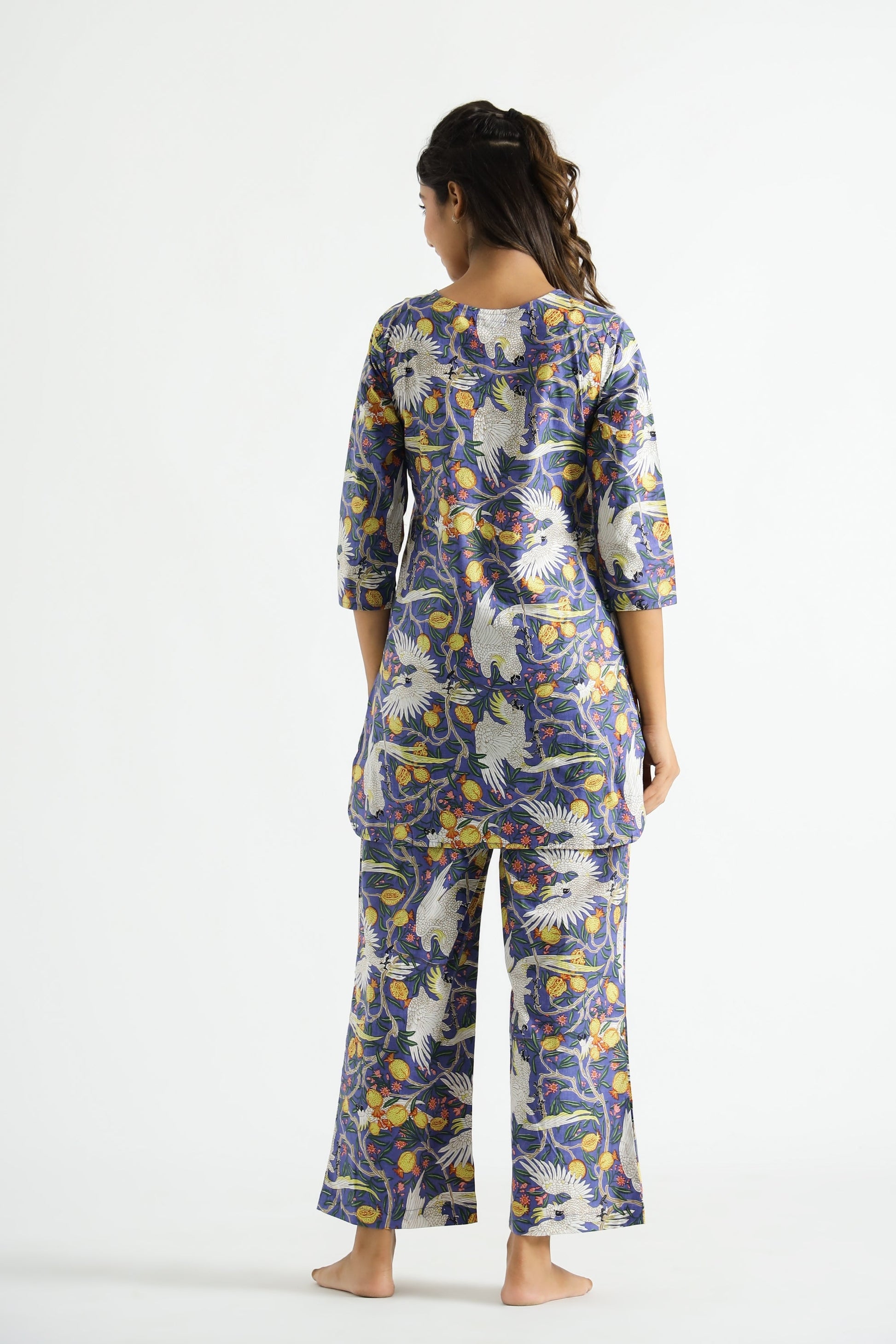 Purple Bird Organic Printed Pure Cotton Loungewear Set | Co-Ord Set | Shop stylish women's clothing online at Label Flavia |