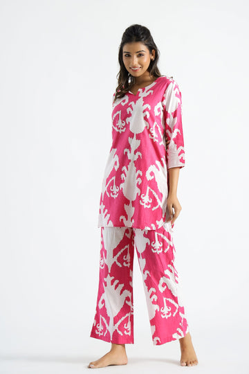 Pink Motif Organic Printed Pure Cotton Loungewear Set | Co-Ord Set | Shop stylish women's clothing online at Label Flavia |