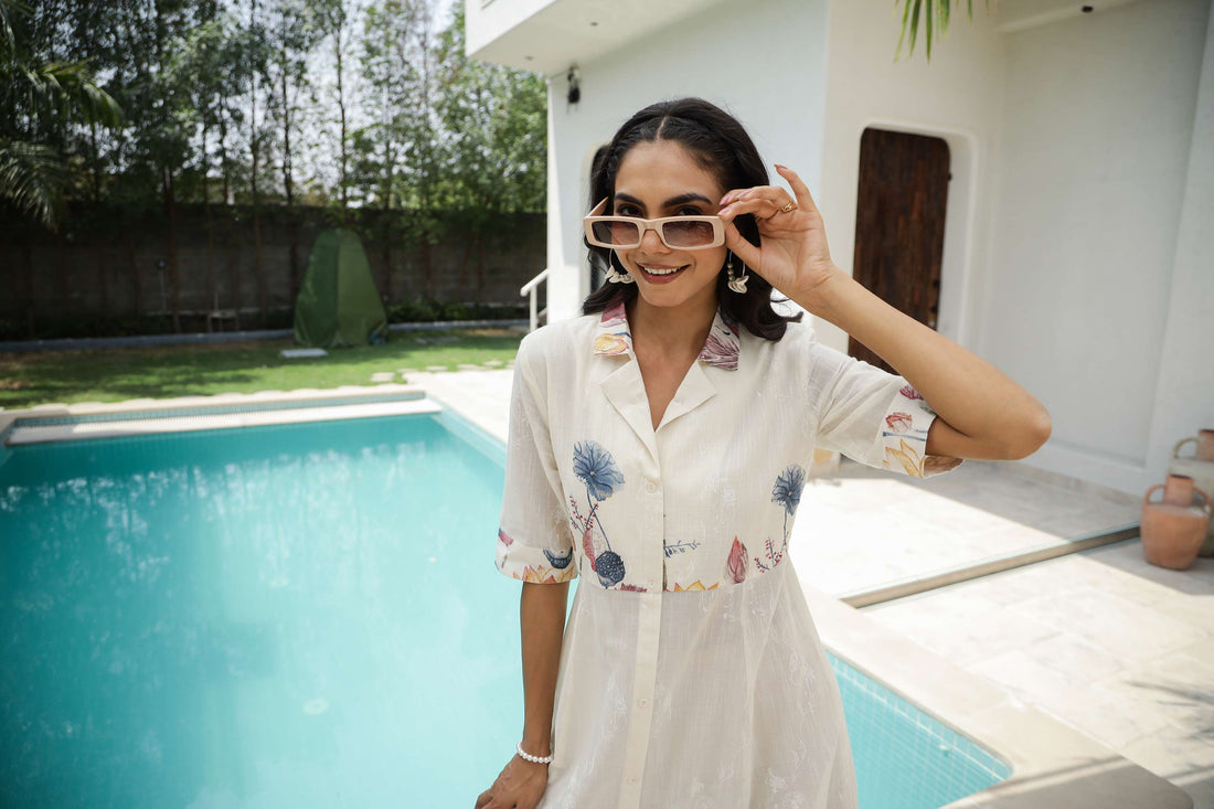 Women's White Floral Shirt Dress with Yellow & Blue Print – Midi Length