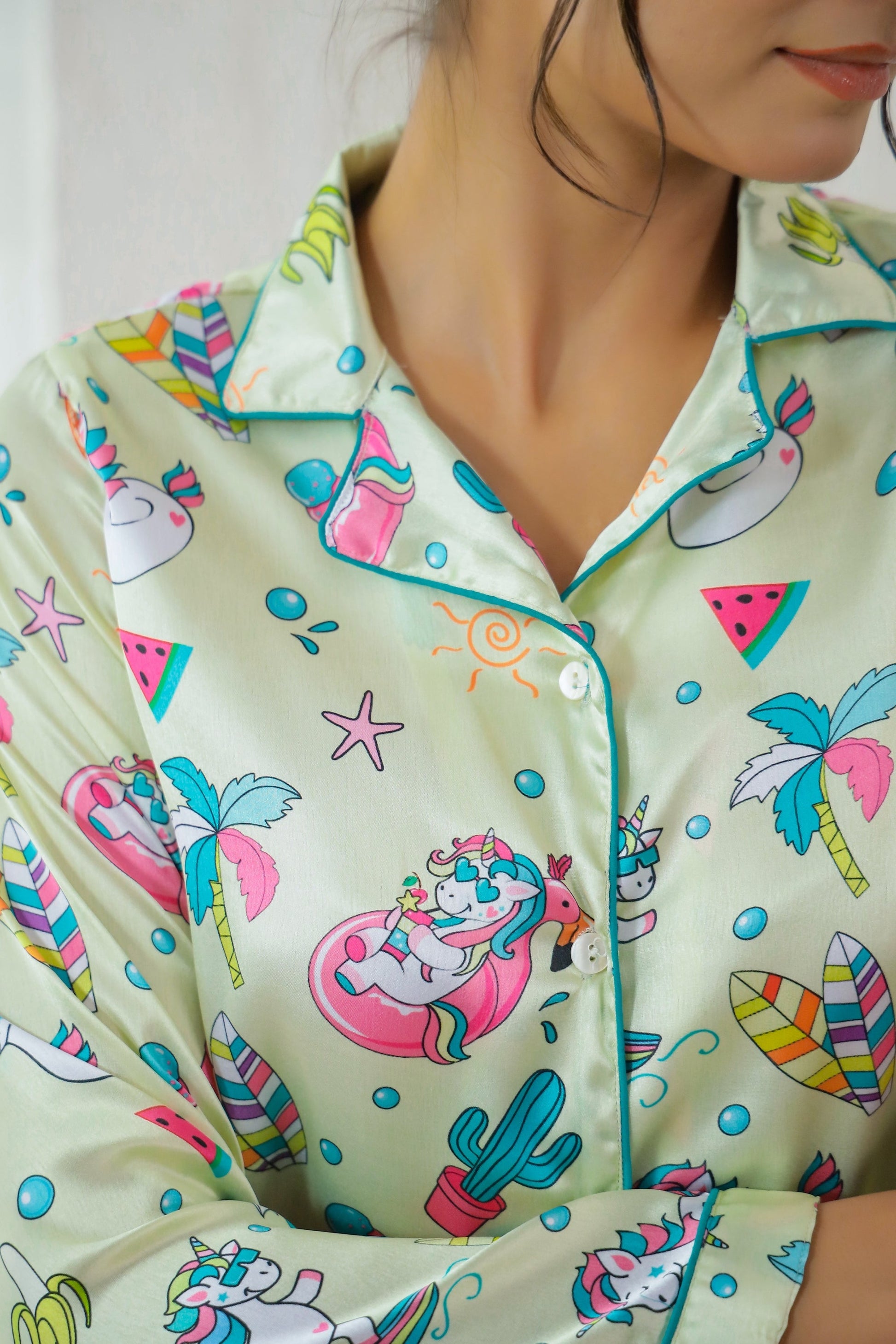 Playful Cartoon Print Satin Pajama Set for Women - Fun & Cozy Sleepwear | Co-Ord Set | Shop stylish women's clothing online at Label Flavia |