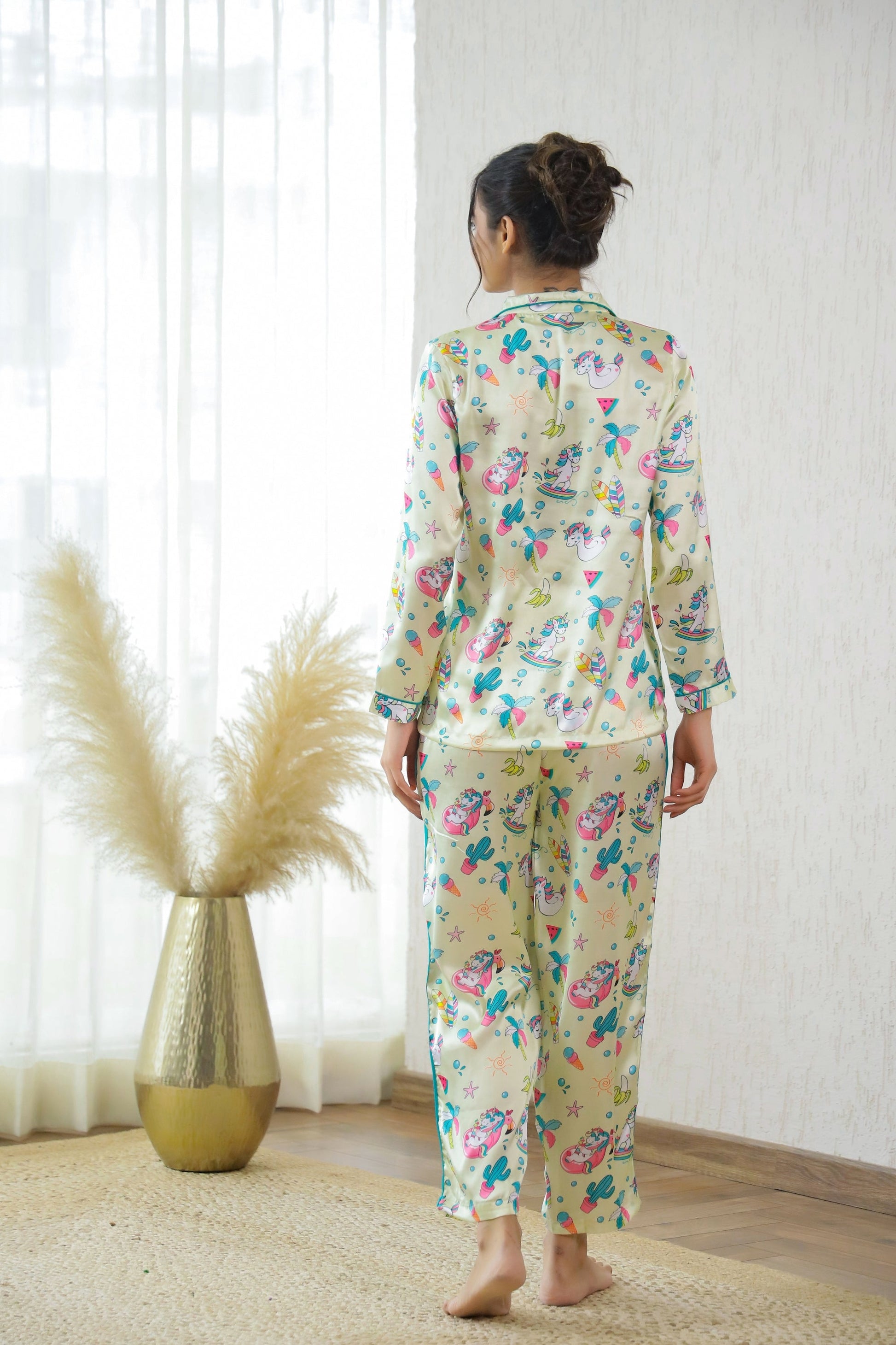 Playful Cartoon Print Satin Pajama Set for Women - Fun & Cozy Sleepwear | Co-Ord Set | Shop stylish women's clothing online at Label Flavia |