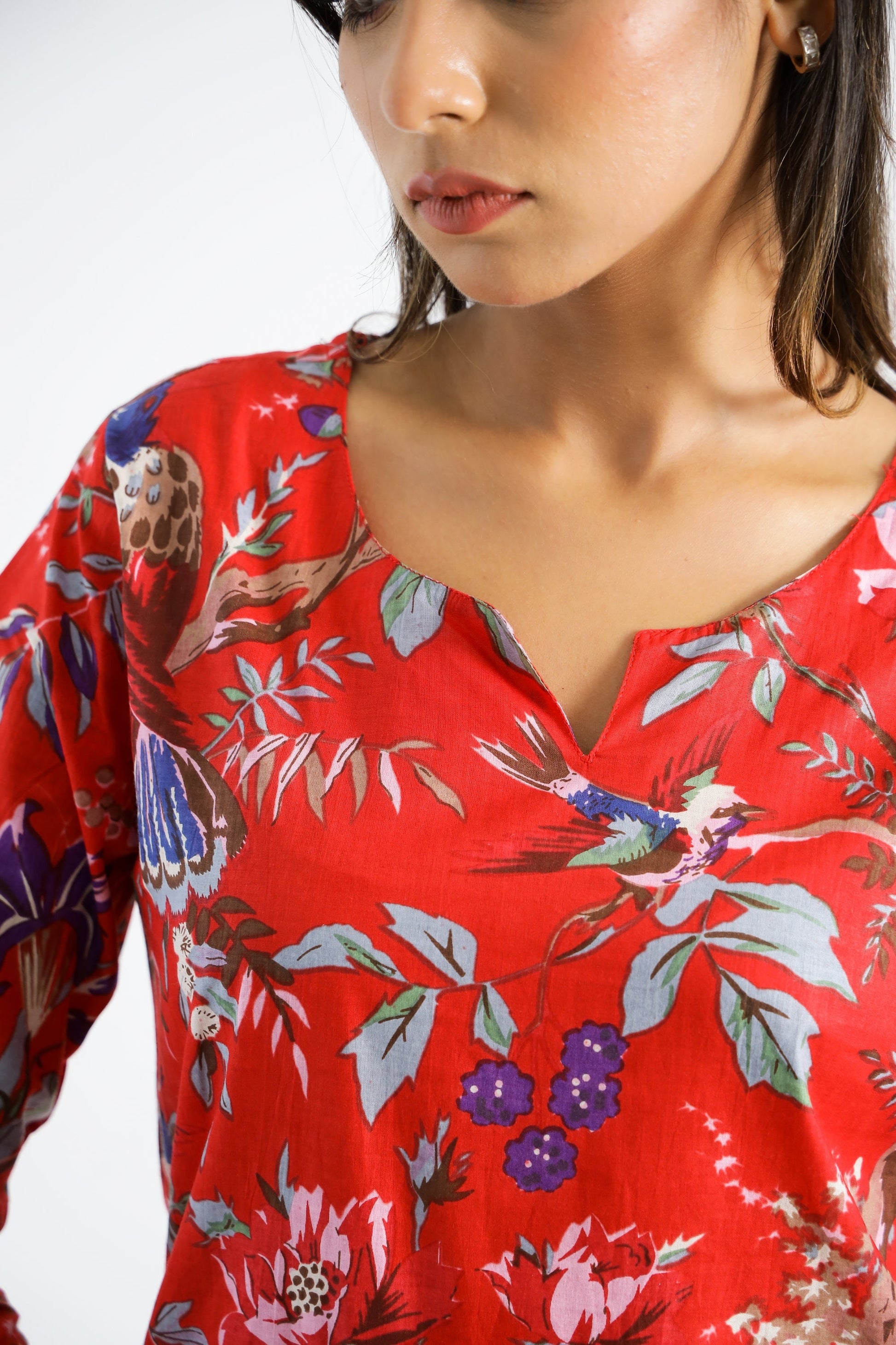 Red Chirping Birds Organic Printed Pure Cotton Loungewear Set | | Shop stylish women's clothing online at Label Flavia |