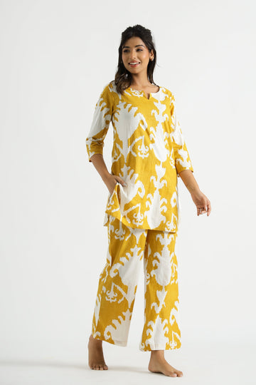 Yellow Motif Organic Printed Pure Cotton Loungewear Set | | Shop stylish women's clothing online at Label Flavia |