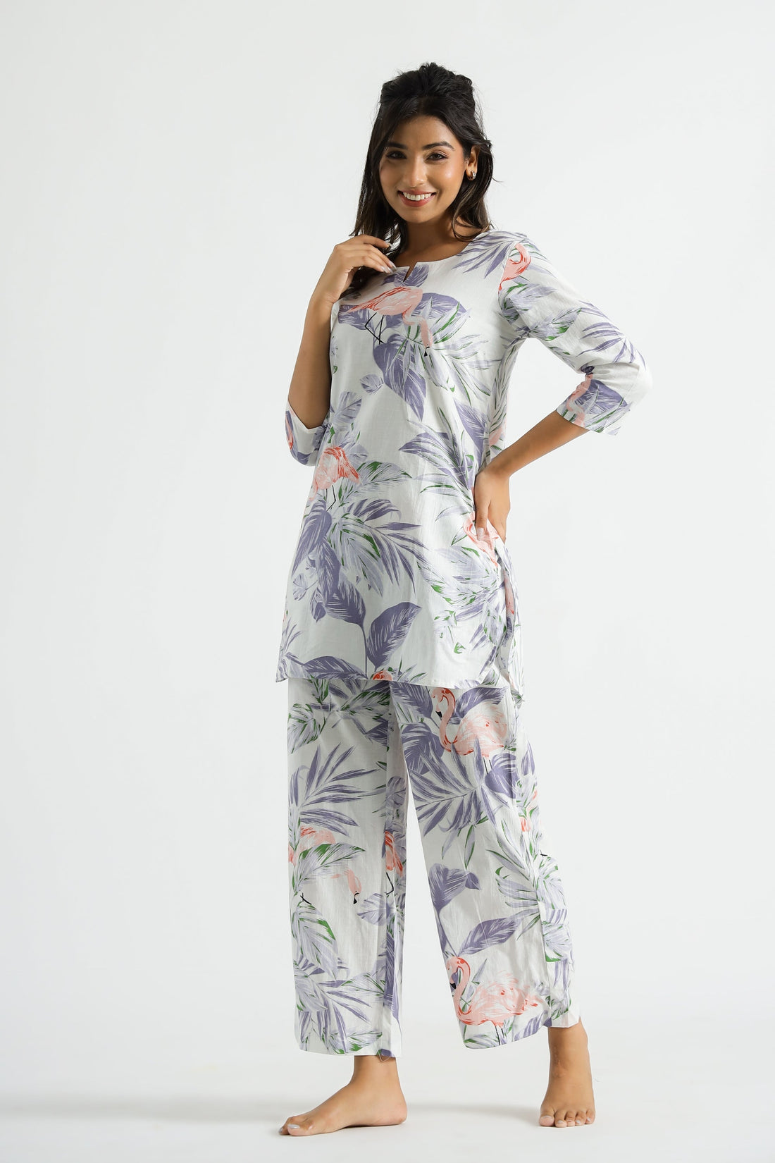 Lavender Flamingo Organic Printed Pure Cotton Loungewear Set | Co-Ord Set | Shop stylish women's clothing online at Label Flavia |