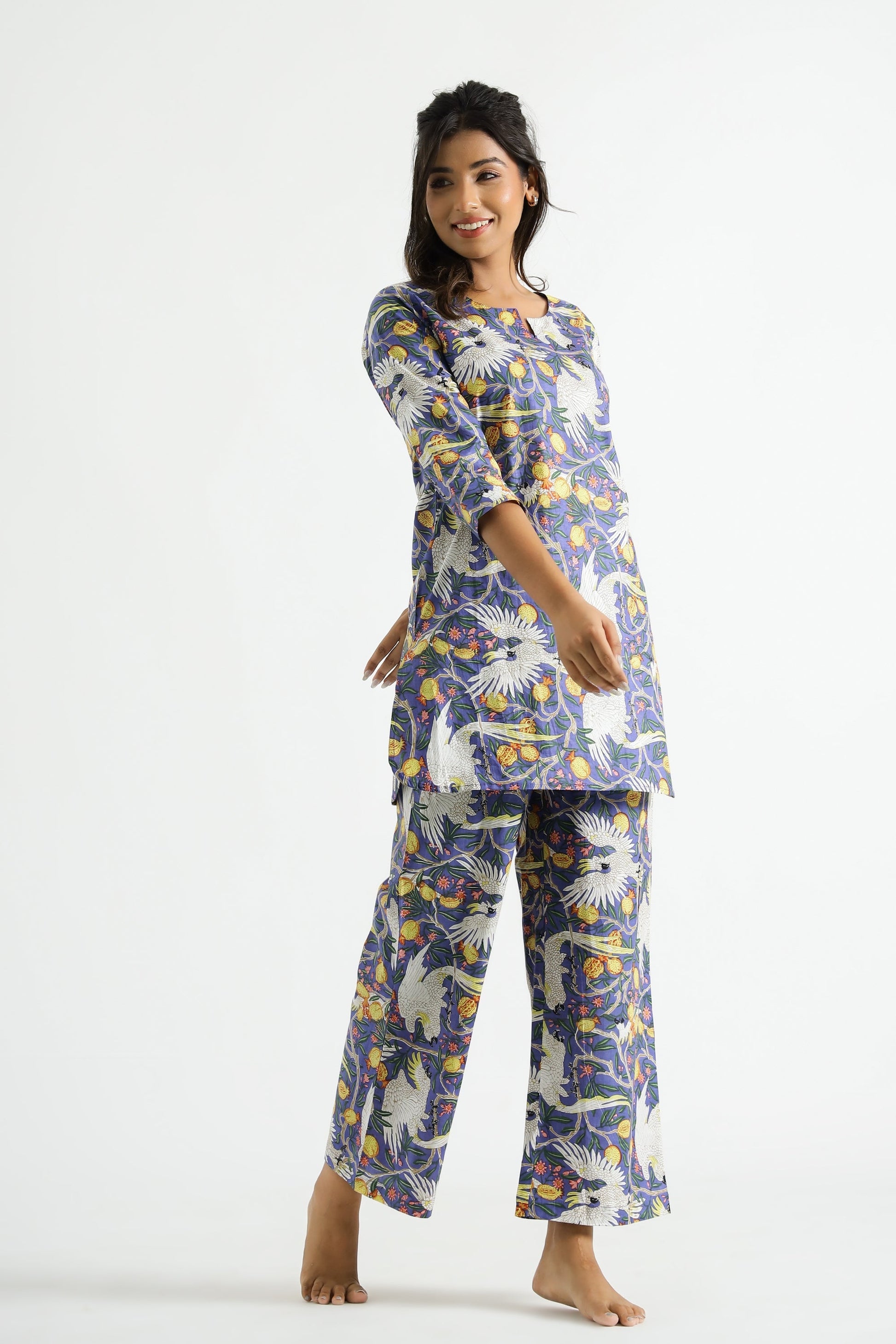 Purple Bird Organic Printed Pure Cotton Loungewear Set | Co-Ord Set | Shop stylish women's clothing online at Label Flavia |