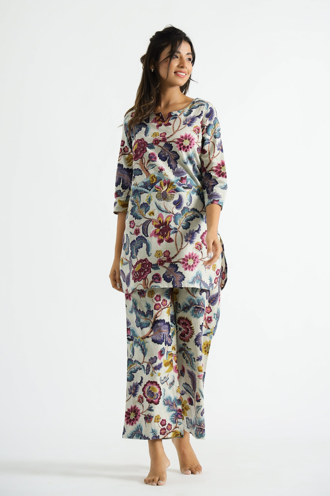 Floral Multicolor Organic Printed Pure Cotton Loungewear Set | | Shop stylish women's clothing online at Label Flavia |