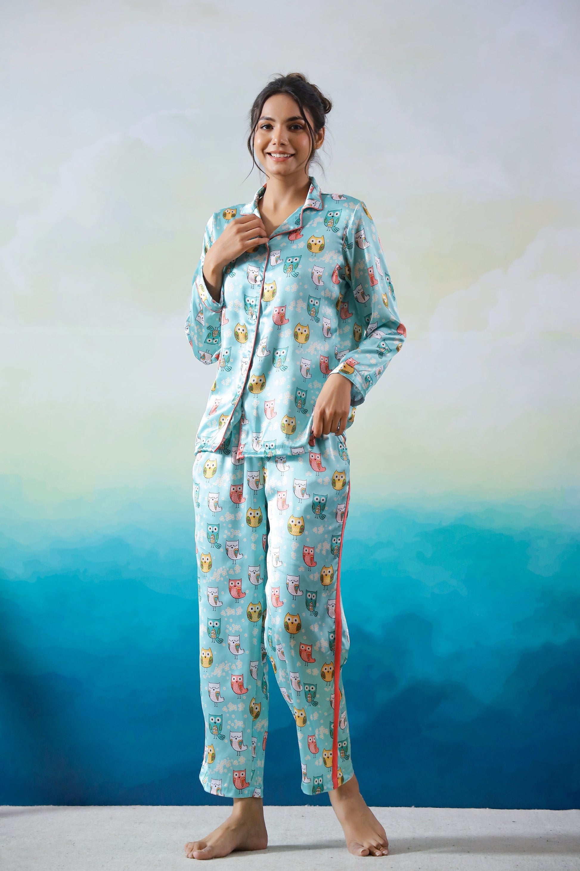 Cute Owl Print Satin Pajama Set - Cozy & Adorable Nightwear for Women | Co-Ord Set | Shop stylish women's clothing online at Label Flavia |