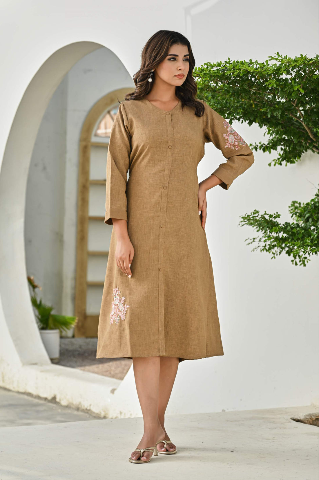 Elegant Brown A-Line Cotton Dress with Floral Embroidery