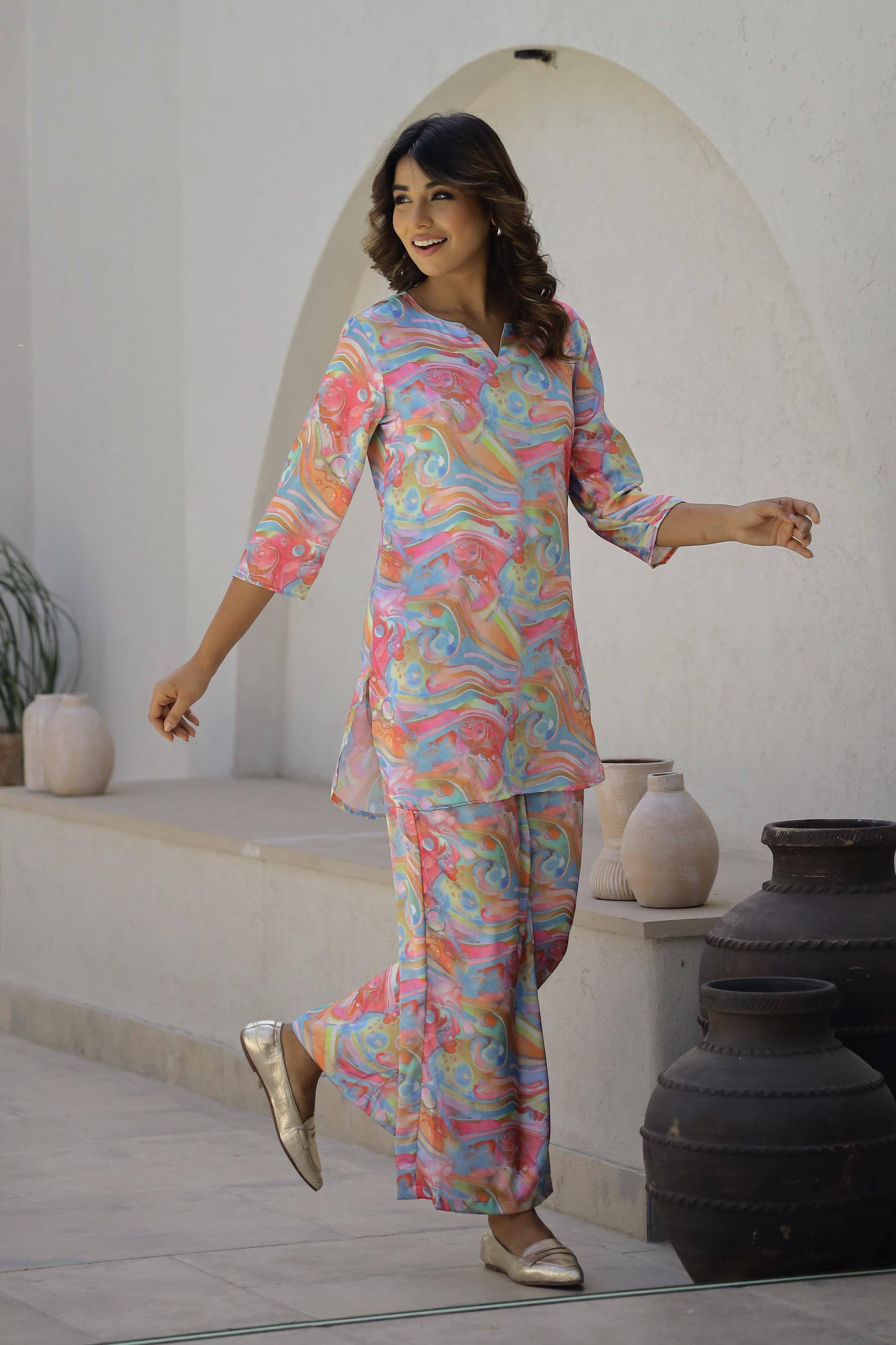 Colorful Rainbow Swirl Satin Pajama Set - Fun & Vibrant Nightwear | Co-Ord Set | Shop stylish women's clothing online at Label Flavia |