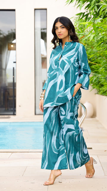 Teal Tide Co-ord Set – Aqua Abstract Cotton Set