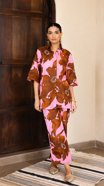 Chocolate Floral Co-Ord Set – Pink Cotton Blend
