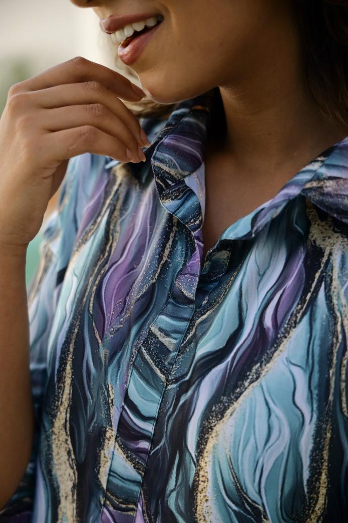 Ocean Waves Print Satin Pajama Set - Calm & Chic Nightwear | Co-Ord Set | Shop stylish women's clothing online at Label Flavia |