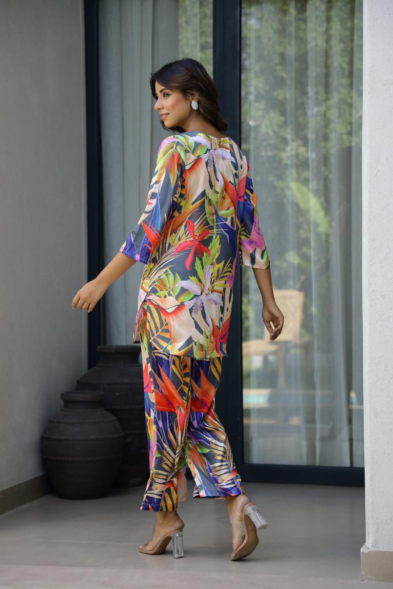 Vibrant Tropical Print Satin Pajama Set - Fun & Stylish Nightwear | Co-Ord Set | Shop stylish women's clothing online at Label Flavia |