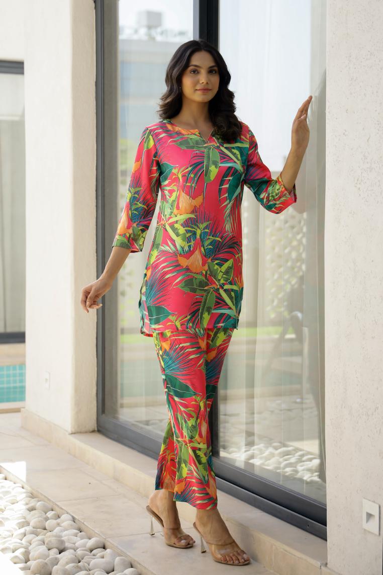 Jungle Leaf Print Satin Pajama Set with Matching Headband - Lively & Trendy | Co-Ord Set | Shop stylish women's clothing online at Label Flavia |