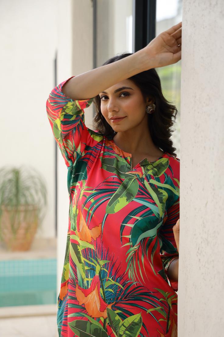 Jungle Leaf Print Satin Pajama Set with Matching Headband - Lively & Trendy | Co-Ord Set | Shop stylish women's clothing online at Label Flavia |