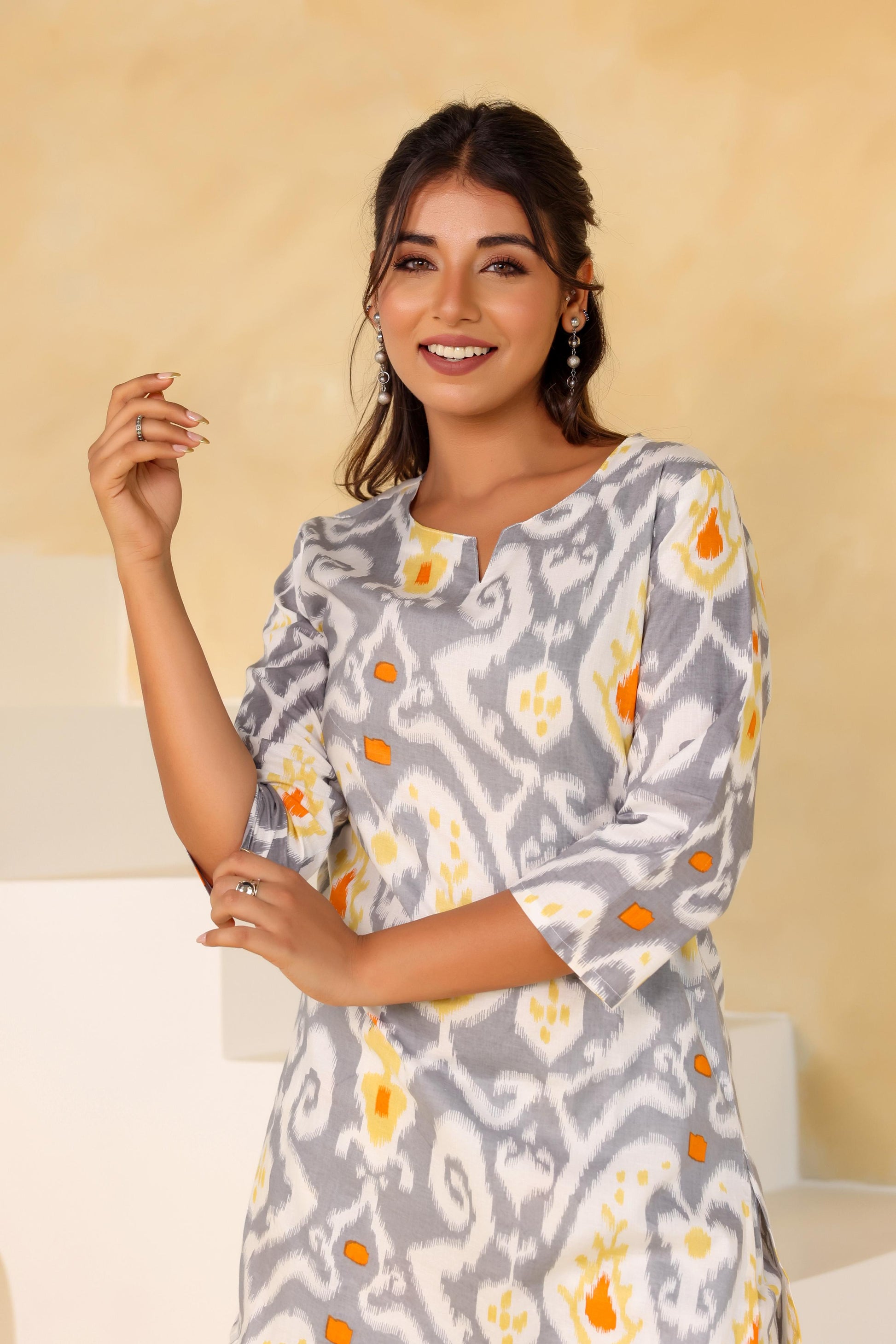 Gray and Yellow Ikat Co-ord Set - Cotton Casual Wear | Co-Ord Set | Shop stylish women's clothing online at Label Flavia |