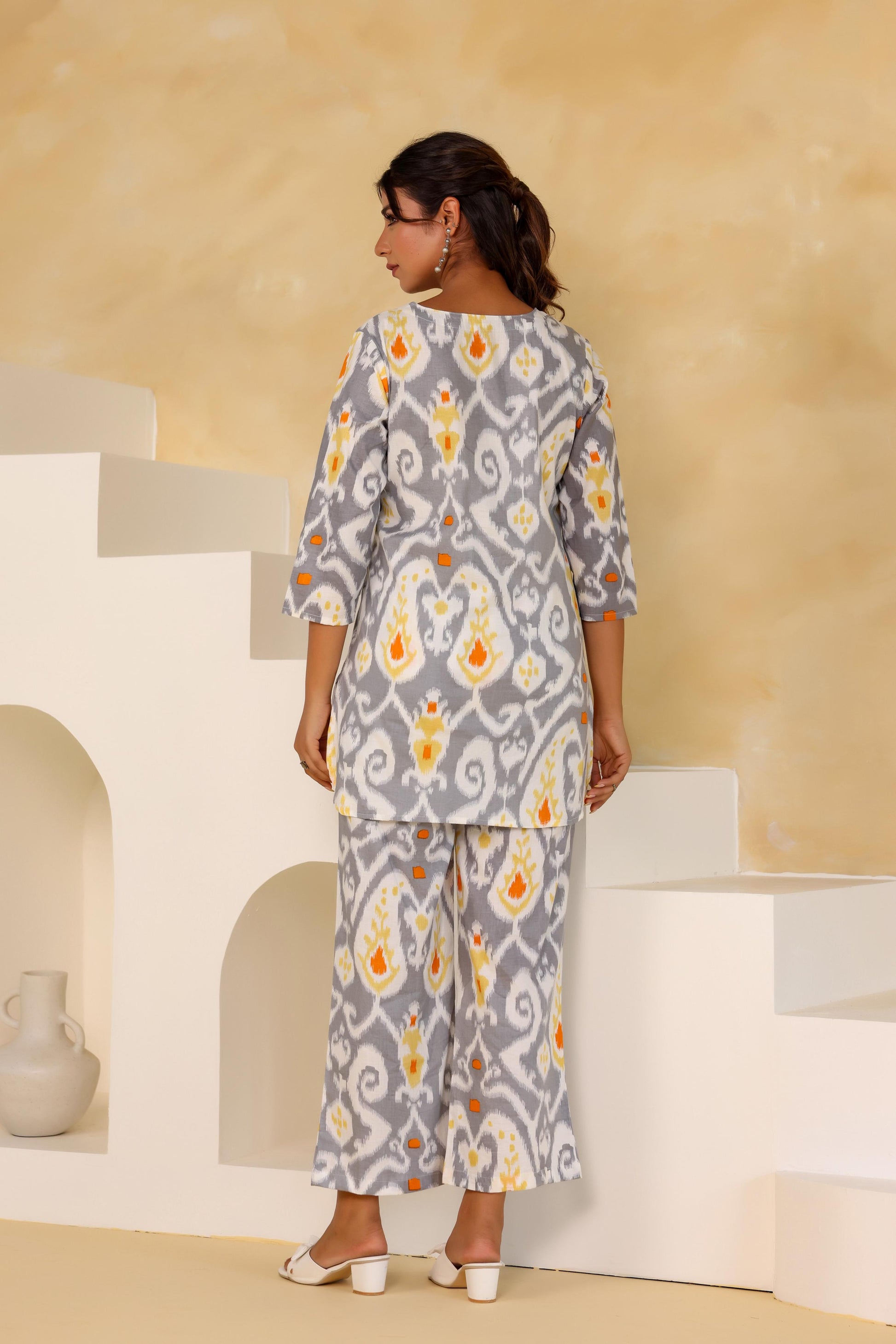 Gray and Yellow Ikat Co-ord Set - Cotton Casual Wear | Co-Ord Set | Shop stylish women's clothing online at Label Flavia |