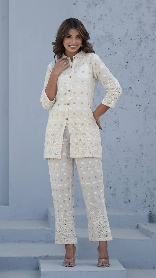 Elegant Cotton Dobby Schiffli Co-ord Set for Indian Women – Casual Luxe Style | Co-Ord Set | Shop stylish women's clothing online at Label Flavia |