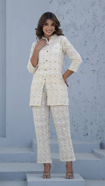 Elegant Cotton Dobby Schiffli Co-ord Set for Indian Women – Casual Luxe Style | Co-Ord Set | Shop stylish women's clothing online at Label Flavia |