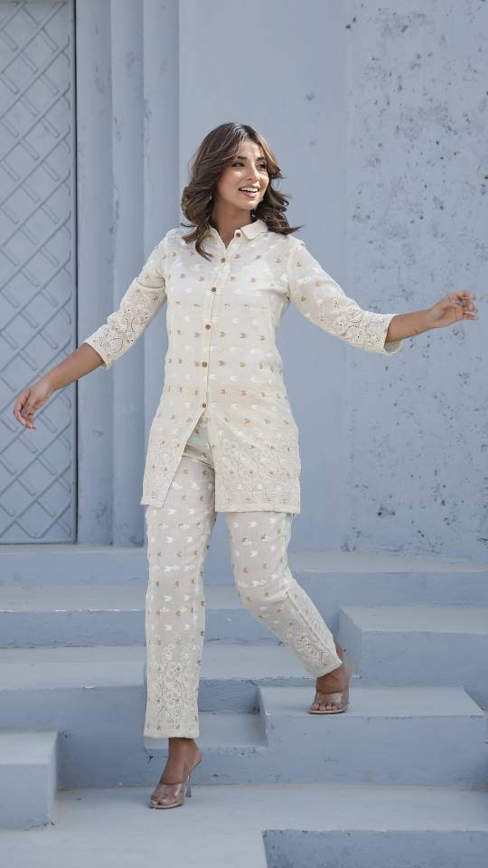 Elegant Cotton Dobby Schiffli Co-ord Set for Indian Women – Casual Luxe Style | Co-Ord Set | Shop stylish women's clothing online at Label Flavia |