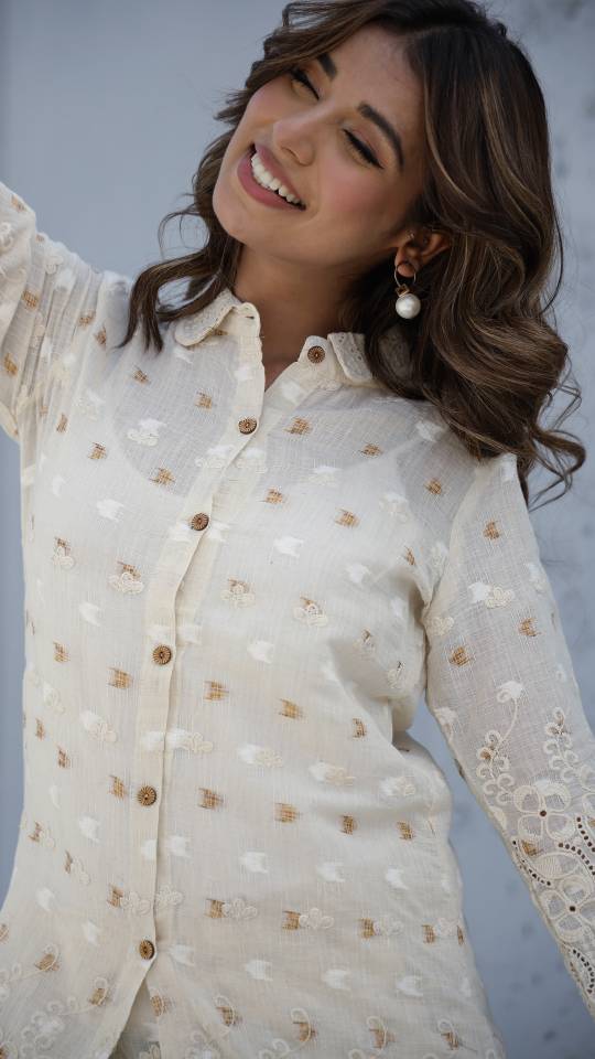 Elegant Cotton Dobby Schiffli Co-ord Set for Indian Women – Casual Luxe Style | Co-Ord Set | Shop stylish women's clothing online at Label Flavia |