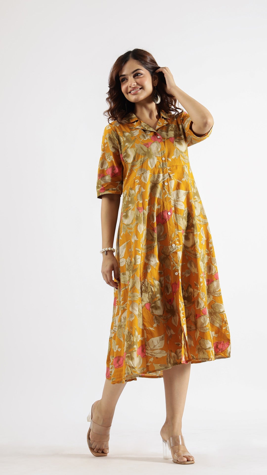Mustard Abstract Cotton Dress | | Shop stylish women's clothing online at Label Flavia |