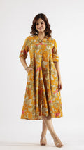 Mustard Abstract Cotton Dress | | Shop stylish women's clothing online at Label Flavia |