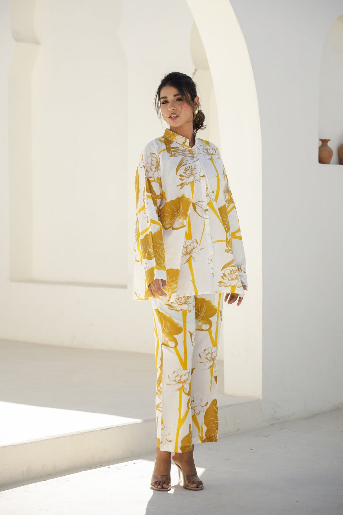 Elegant Mustard & White Floral Co-Ord Set – Oversized Shirt & Pants