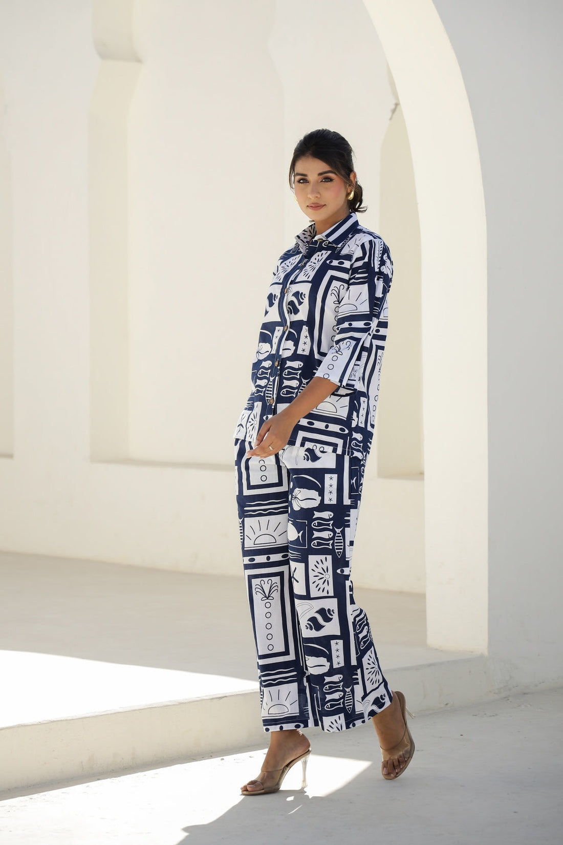 Chic Navy Blue & White Abstract Print Co-Ord Set