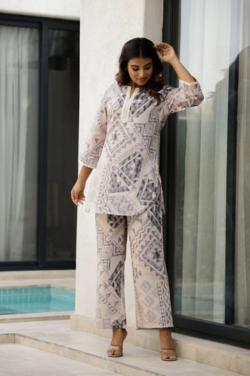 Elegant Beige & Grey Geometric Print Co-Ord Set for Women