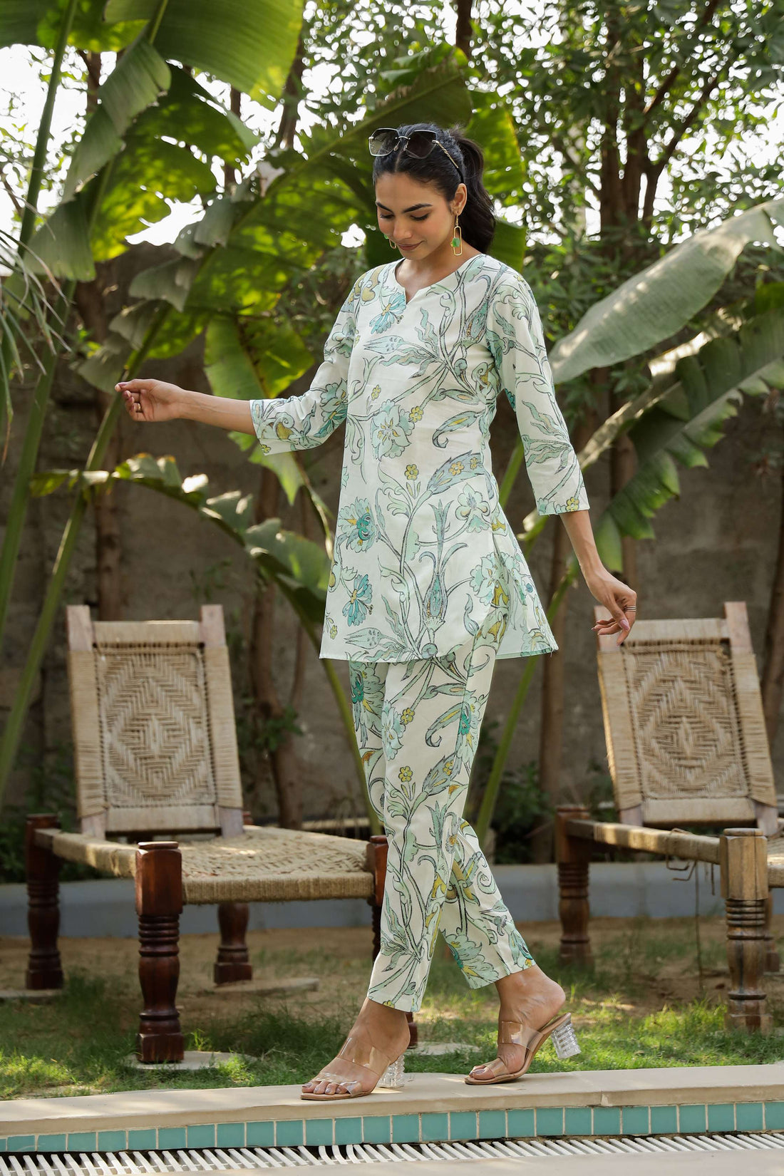 Pastel Green & Blue Floral Cotton Co-Ord Set for Women