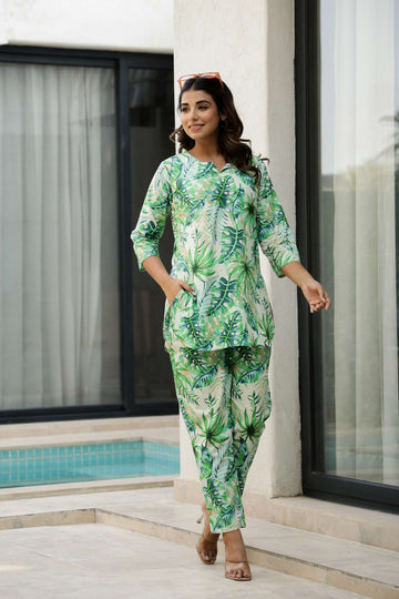 Tropical Green Leaf Print Cotton Co-Ord Set for Women