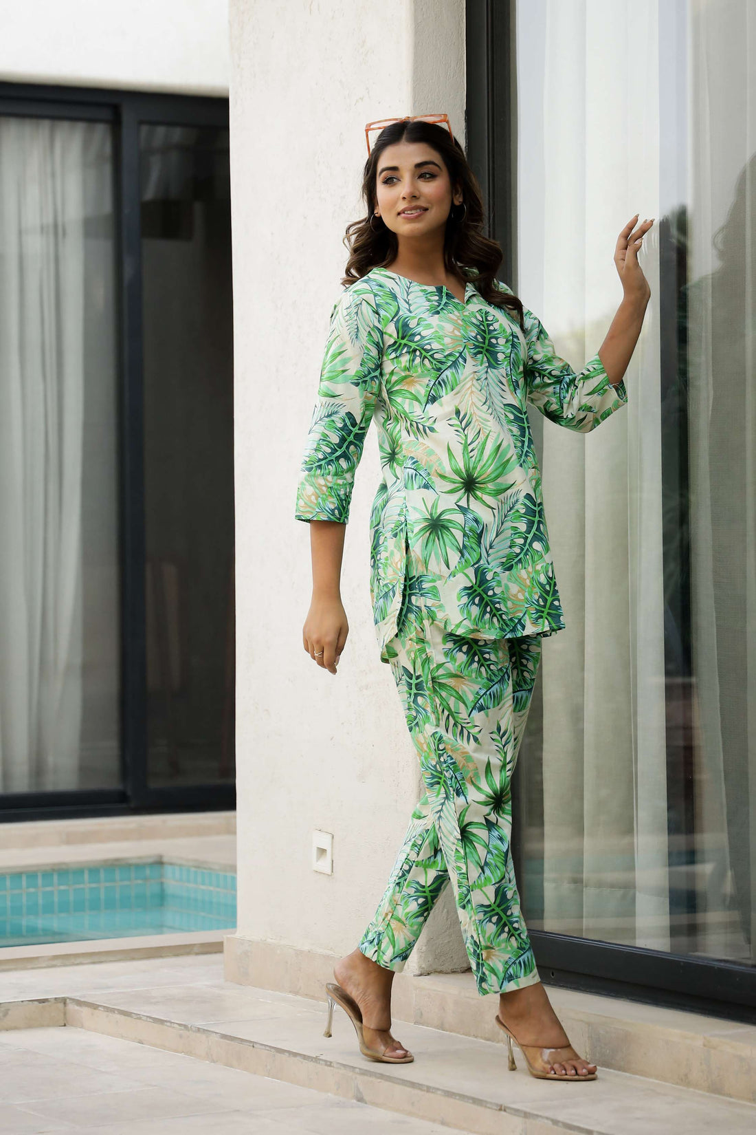 Tropical Green Leaf Print Cotton Co-Ord Set for Women