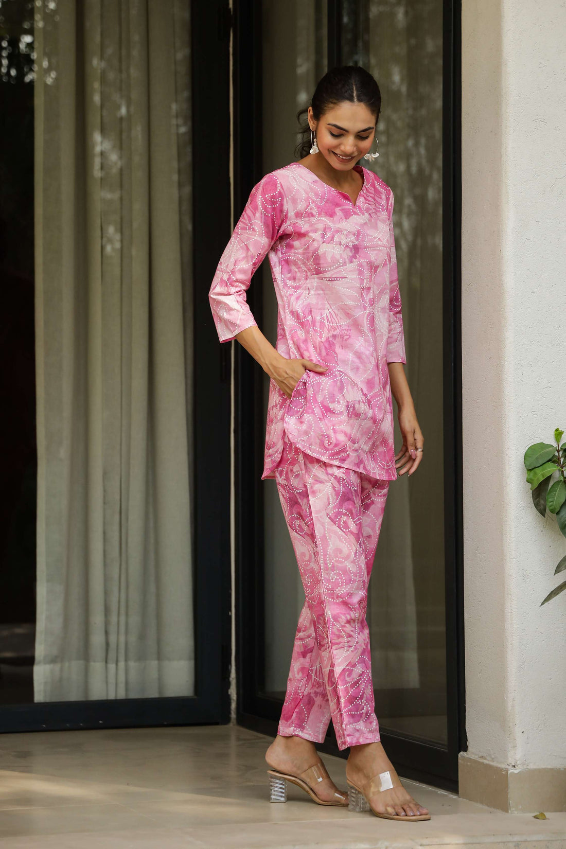 Pink Swirl Print Cotton Co-Ord Set for Women