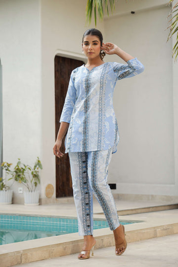 Sky Blue & White Floral Stripe Co-ord Set – Everyday Cotton Elegance