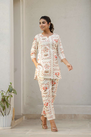 Rust Floral Cream Co-ord Set – Breezy Cotton Loungewear for Women