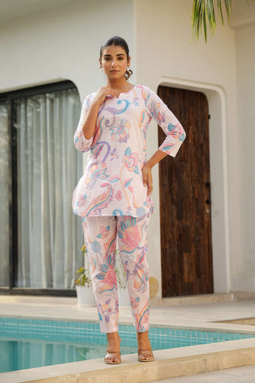 Pastel Floral Printed Cotton Co-ord Set – Elegant Loungewear for Women