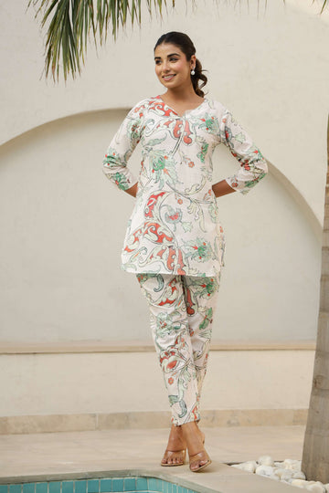 Off-White Floral Vine Print Co-Ord Set for Women – Elegant Everyday Style