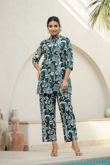 Green Abstract Face Print Co-Ord Set for Women – Bold & Trendy Look