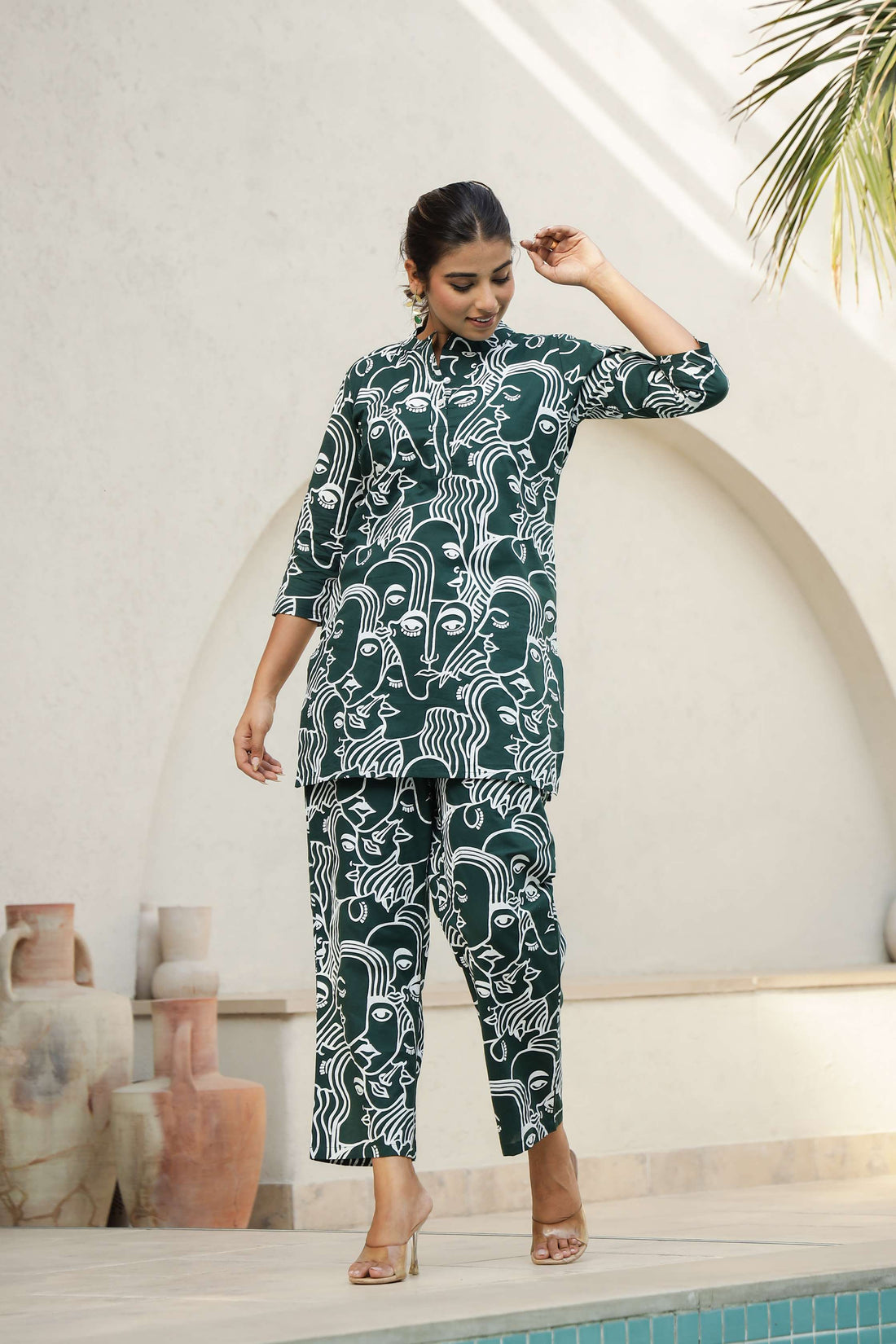 Green Abstract Face Print Co-Ord Set for Women – Bold & Trendy Look