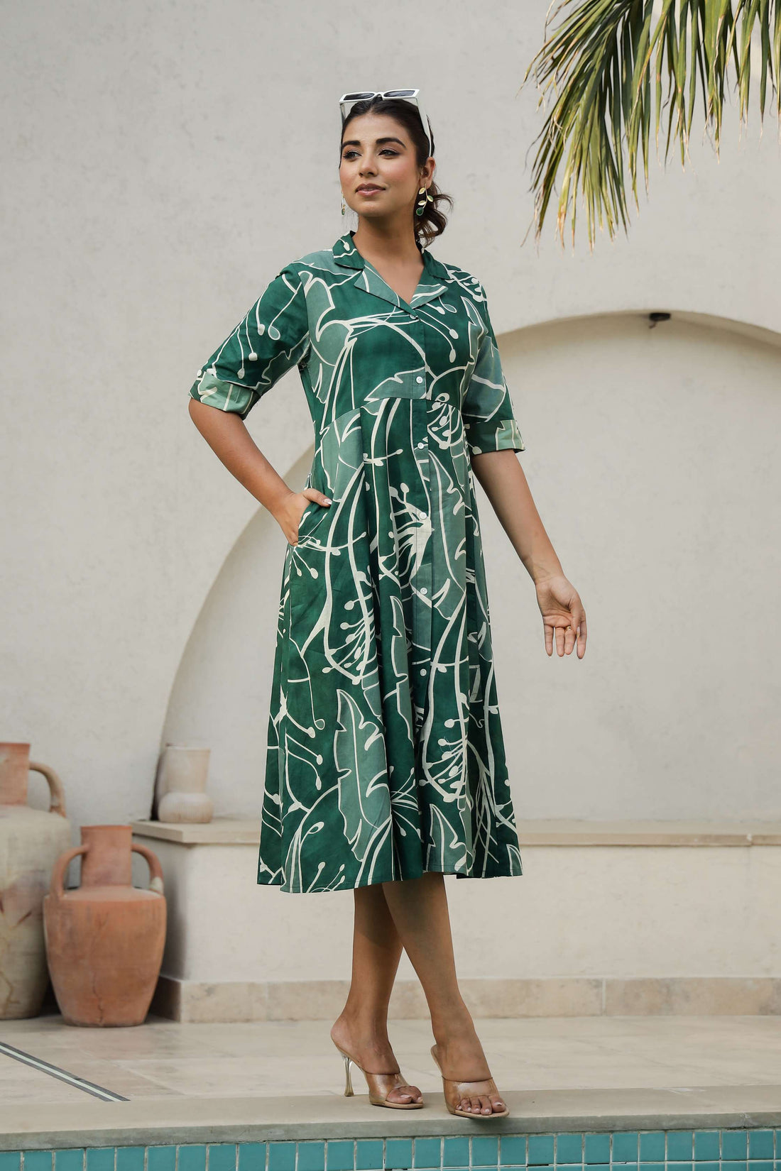 Dark Green Abstract Cotton Shirt Dress – Midi Flare