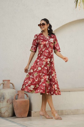 Red Floral Cotton Shirt Dress – Elegant Flared Midi