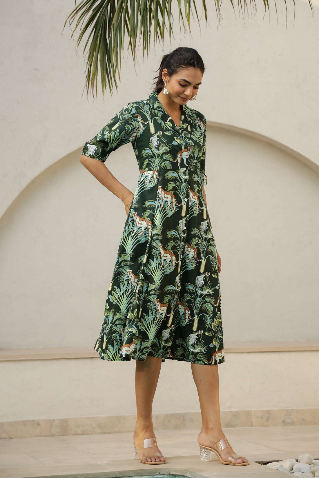 Green Jungle Safari Print Shirt Dress – Tropical Cotton Chic