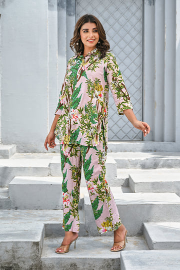 Women’s Pink Tropical Floral Print Co-ord Set – Cotton
