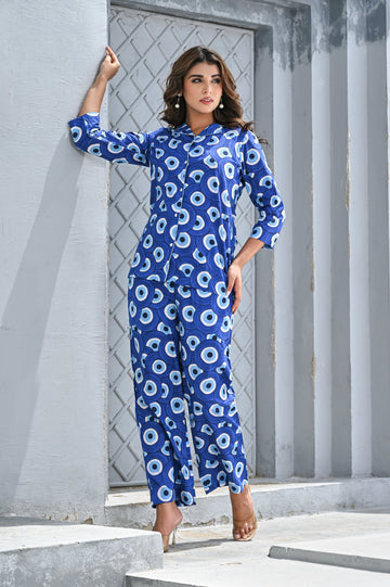 Women’s Blue Geometric Print Co-ord Set – Stylish Button-Down Shirt & Straight Pants