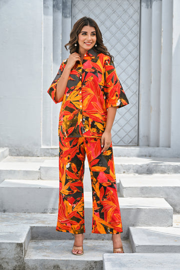 Women’s Tropical Orange & Red Leaf Print Co-ord Set
