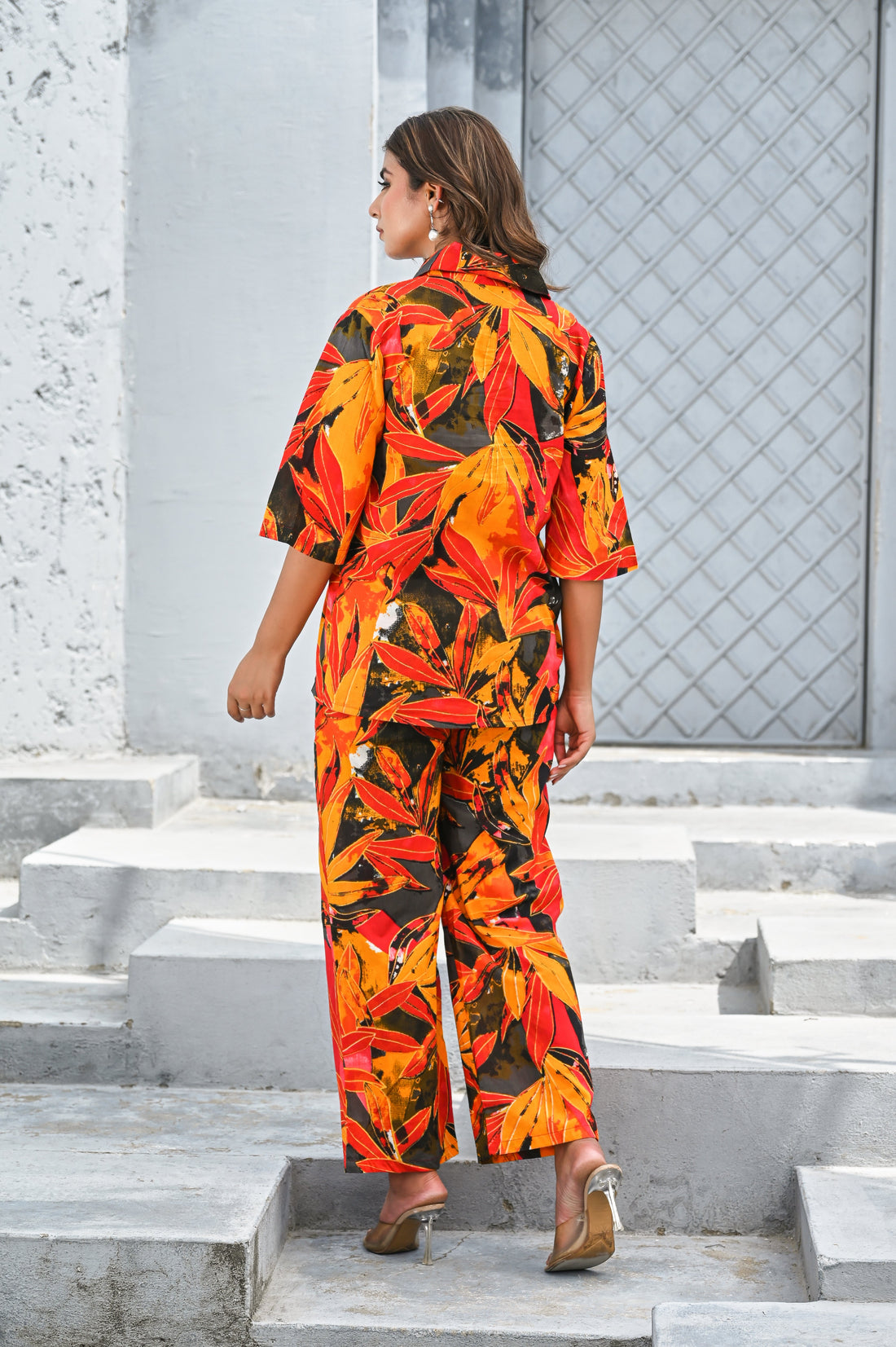 Women’s Tropical Orange & Red Leaf Print Co-ord Set