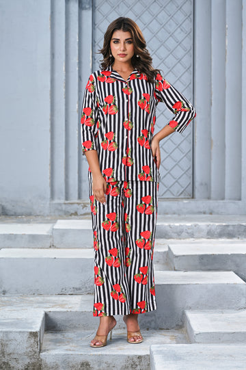Women’s Black & White Striped Strawberry Print Co-ord Set