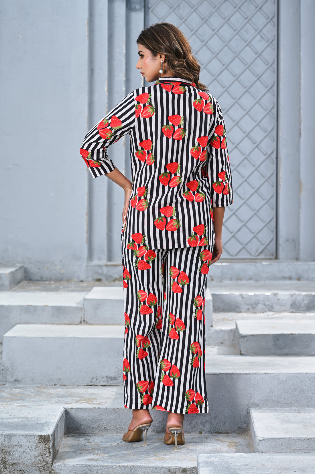 Women’s Black & White Striped Strawberry Print Co-ord Set
